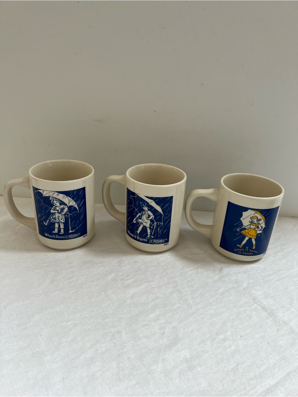 Morton Salt Coffee Cup Mugs (3) 1914 1921 1956 When It Rains It Pours Umbrella - Picture 3 of 10